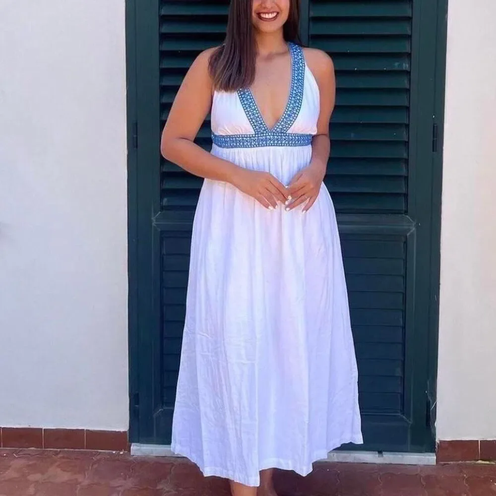 NWT J-Crew White and blue v-neck maxi ruffle cami sleeves dress